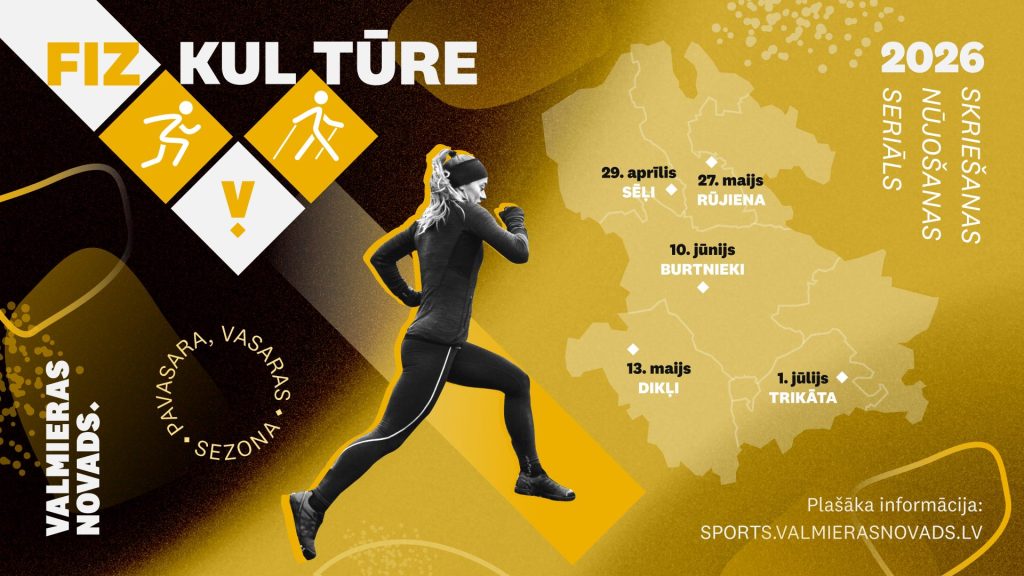 Afiša Valmieras novada skriešanas un nūjošanas seriālam “Fizkultūre V” 2026. Pavasara–vasaras sezonas vizuālajā noformējumā uz melni zeltaina fona redzama skrējēja silueta fotogrāfija. Labajā pusē attēlota Valmieras novada karte ar posmu norises vietām un datumiem: