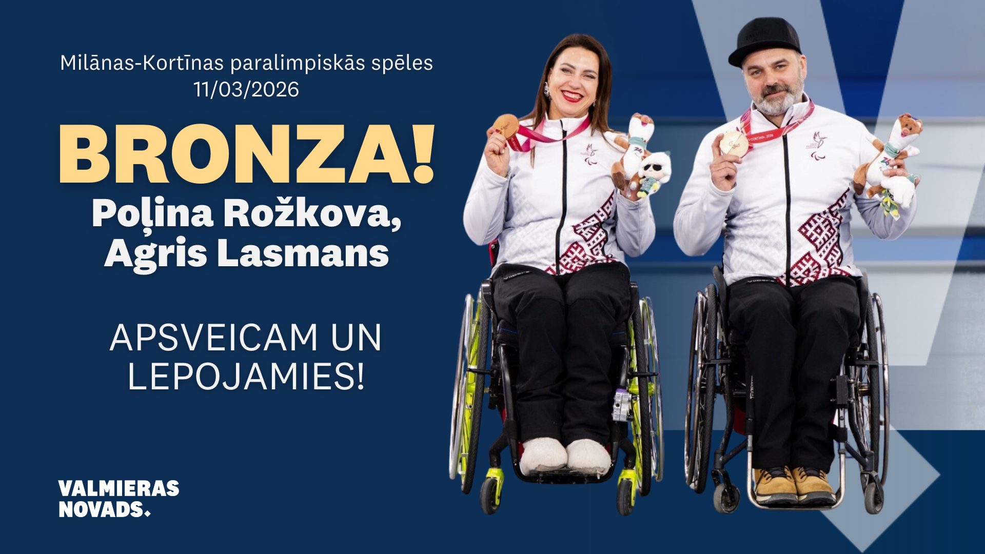 Apsveikuma grafika par Latvijas sportistu panākumu Milānas–Kortīnas paralimpiskajās spēlēs 2026. Attēlā redzami ratiņkērlingisti Poļina Rožkova un valmierietis Agris Lasmans, sēžot ratiņkrēslos un turot rokās bronzas medaļas un spēļu talismanus. Uz attēla teksts: “Bronza! Polina Rožkova, Agris Lasmans. Apsveicam un lepojamies!” Norādīts pasākums – Milānas–Kortīnas paralimpiskās spēles, 11.03.2026, un Valmieras novada identitātes zīme.