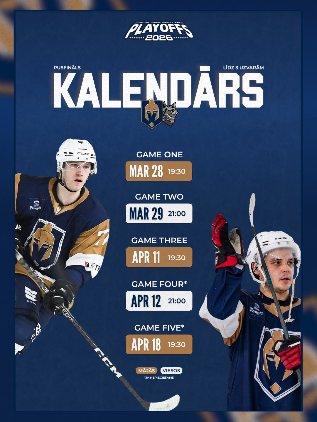 OlyBet Entuziastu hokeja līgas 2026 izslēgšanas spēļu pusfināla kalendāra afiša. Uz zila fona redzami divi Hockey Team Valmiera spēlētāji formās, centrā virsraksts “Kalendārs” un spēļu grafiks sērijai līdz trīs uzvarām pret Mārupes WOLF. Norādīti datumi un laiki: